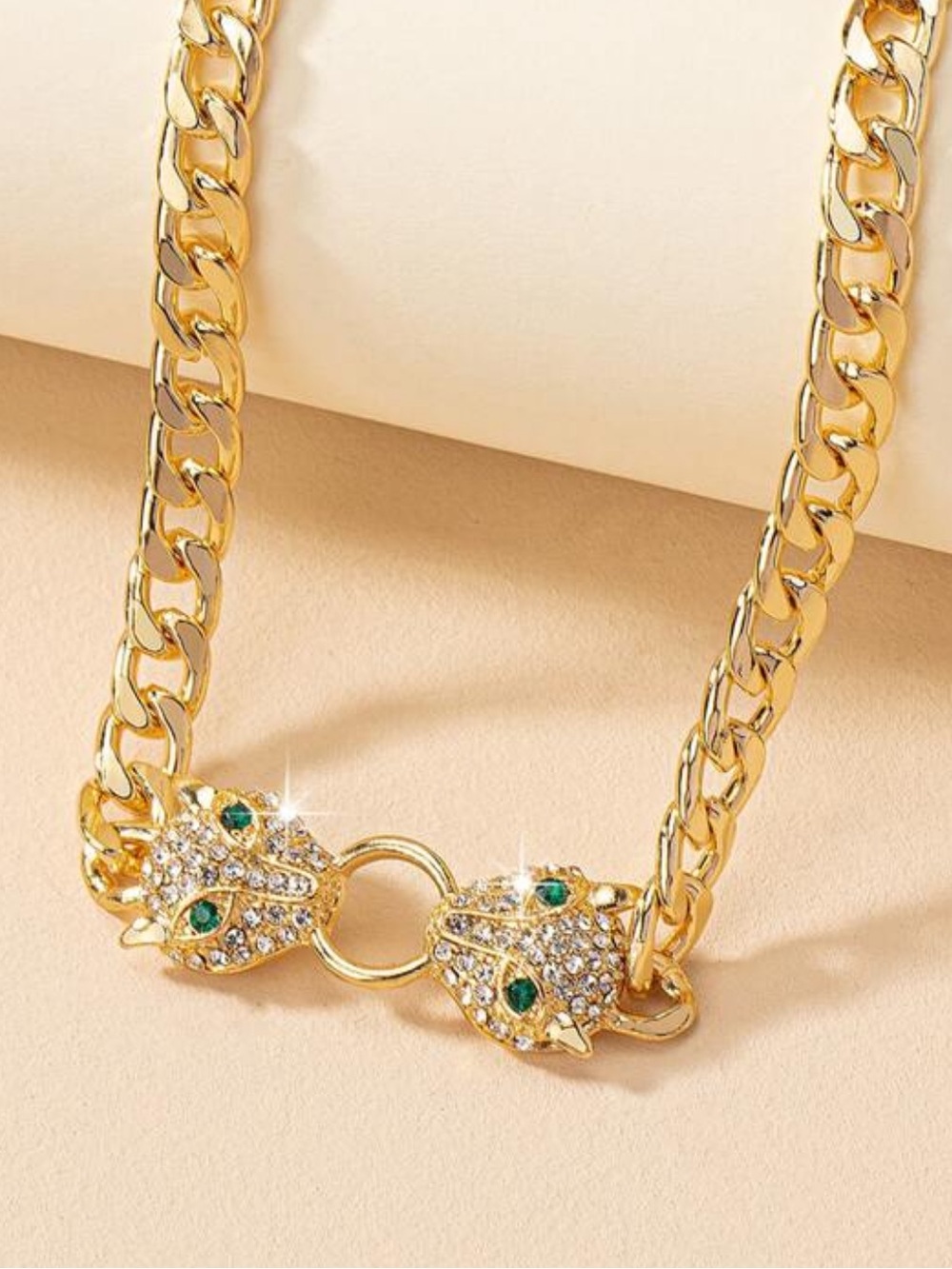 Gold Chain Choker Necklace with Pave Crystal Panther Heads adjustable nwt - Picture 2 of 4